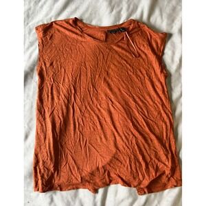 Tahari Womens 100% Linen Knit Button Back Sleeveless Top Burnt Orange Rust Large
